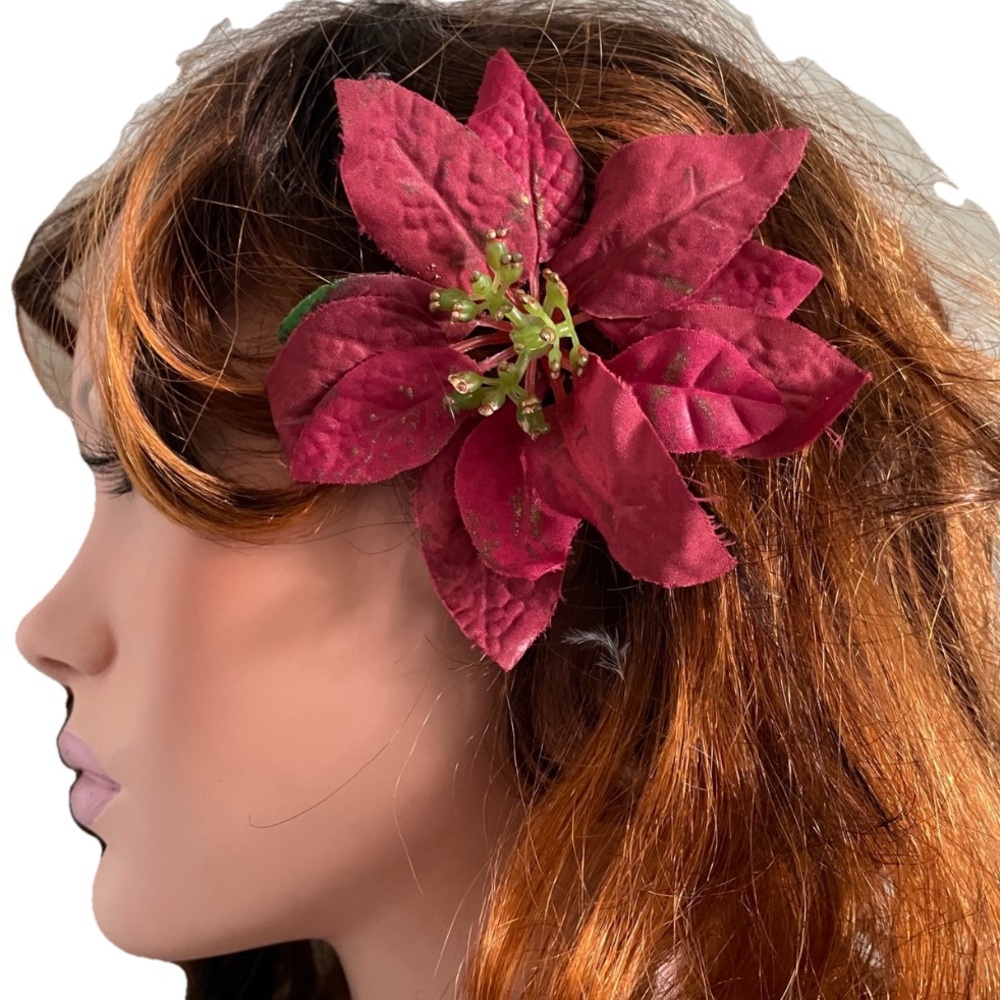 Beautiful BURGUNDY POINSETTIA Fabric Floral HAIR CLIP Pinup VLV Rockabilly Style